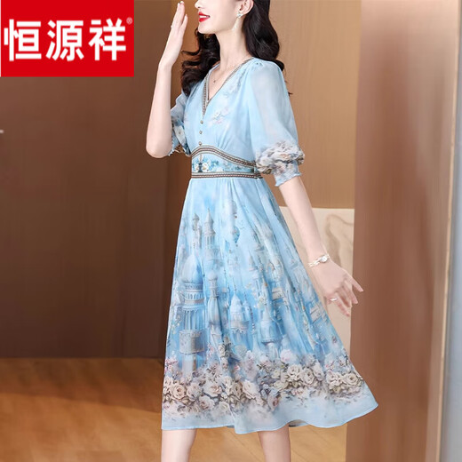 恒源祥气质国风真丝连衣裙夏季新款印花桑蚕丝裙女装长款裙V领短袖 图片色3888 M M-90-100斤建议