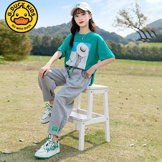 G.DUCKKIDS小黄鸭女童夏装套装时尚洋气儿童女大童夏季12到15岁时髦女孩两件 绿色 上衣+灰色裤子677 160