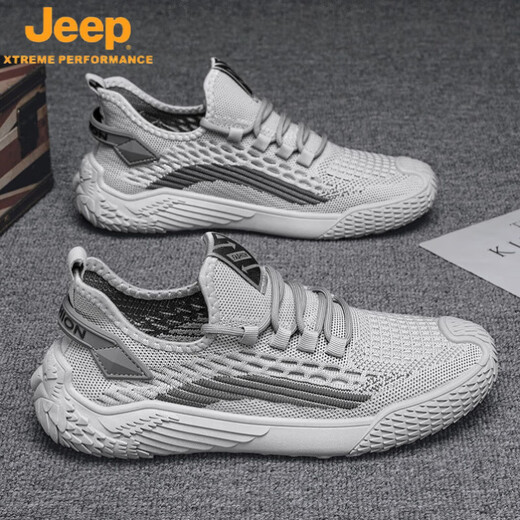 吉普（JEEP）男鞋夏季2025新款薄款网面飞织透气防臭网面鞋男士防滑运动休闲鞋 9893灰色 39