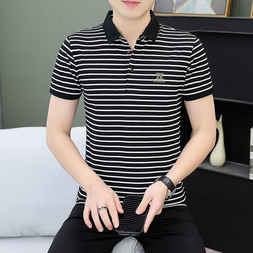 Huanyi Guangdong Puning men's shirt middle-aged and elderly striped daddy shirt men's short-sleeved T-shirt 2025 summer lapel Zhongqing QY756 green khaki M suggests 100-120 Jin [Jin equals 0.5 kg]