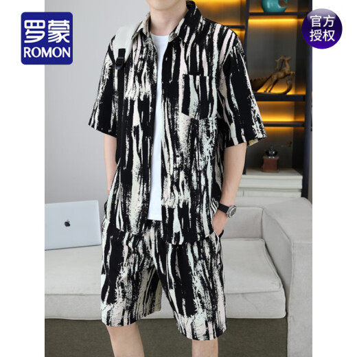 Romon (Romon) Camisa hermosa, traje de seda de hielo de verano masculino, camisa floral de alta gama, mangas cortas, pantalones cortos, set de dos piezas de playa 679 Traje blanco M 110Jin [Jin iguala 0.5 kg]