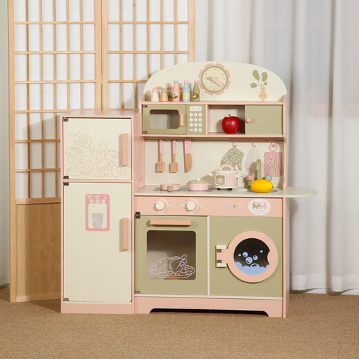 Chengliu Kinder multifunktionaler Kühlschrank Küchenspielzeug Holz Baby spielen Haus Kochkindergarten Vergnügungspark Pink-Kurzküche Küche ein Bestell und Lieferbetrug Le