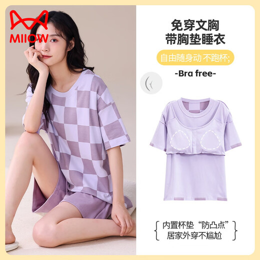 猫人（MiiOW）睡衣女夏季带胸垫甜美可爱短裤可外穿短袖2025新款纯棉套装家居服 Z6210 M