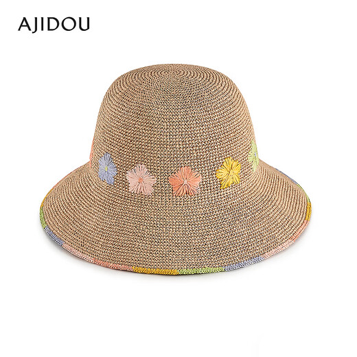 AJIDOU阿吉豆帽子七夕礼物 夏季新款田园风花卉图案编织草帽送女友 闺蜜 咖色 均码