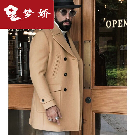 Mengjiao short autumn and winter thickened slim and versatile casual trendy wool coat men's wool coat men's double-breasted men's clothing black 2XL