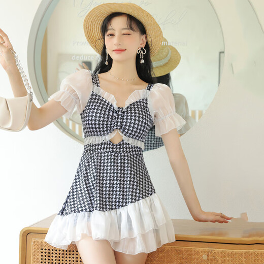 NJSKAKW2025 New Internet Celebrity Ins One-piece Swimsuit Women's High Waist Slim Student Swimwear Hot Spring College Style 9738 Green XL