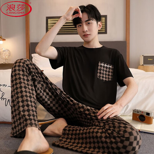 浪莎（LangSha）柔软舒适莫代尔棉睡衣男士夏季短袖长裤两件套大码家居服宽松薄款 XM9902-A莫代尔短袖长裤男 L 男100-125斤