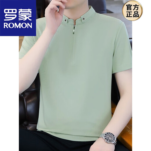罗蒙（ROMON）纯色半拉链polo.衫男士短袖夏季冰丝薄款立领T恤2025新款半袖 9921杏色 4XL (约170~185斤可穿)