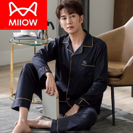 猫人（MiiOW）男士睡衣春秋季长袖纯棉青年加大码可外穿中年爸爸秋款家居服套装 Y6621 L 105 130斤