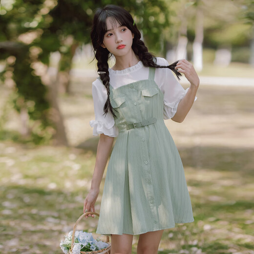Qianfeiyu sweet strap skirt suit 2025 new girl summer junior high school high school student Mori short-sleeved dress two-piece set Green short-sleeved suit 9918+3036 165 S
