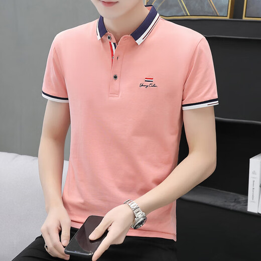 夏季男士翻领短袖t恤男潮流polo衫中年立领半袖体恤 673粉色 XL 120-135斤