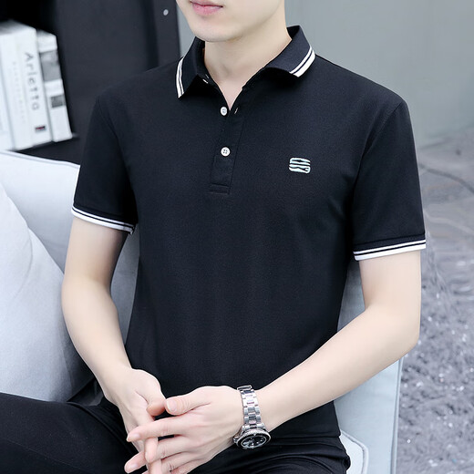 佐玛登夏季短袖polo衫男潮牌刺绣领子保罗t恤时尚百搭薄款纯色男ins翻领 黑色S5012 M95-115斤 均码