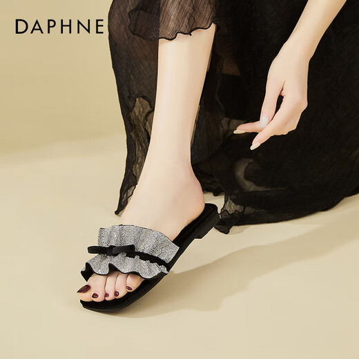 达芙妮（DAPHNE）平底法式晚风凉拖鞋女夏季外穿海边配裙子露趾一字拖女 黑色  38 