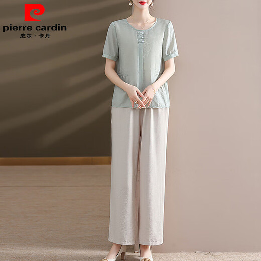 Pierre Cardin gives mom summer clothes 2025 new style suit for middle-aged and elderly women summer short-sleeved shirt fashionable wide-leg pants two pieces 9435 light green suit XL recommended 105-120 Jin Jin equals 0.5 kg