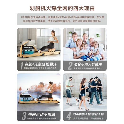 海德（HEAD）【官方直销】划船机家用健身水电双阻折叠划船器有氧运动健身器材 进口松木|WR693水电双阻|课程