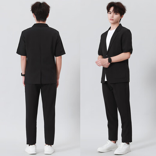 GOKU men's suit summer short-sleeved youth light business suit three-piece college student graduation interview job black short-sleeved suit + white T + black trousers L Weight 120-130 Jin Jin equals 0.5 kg