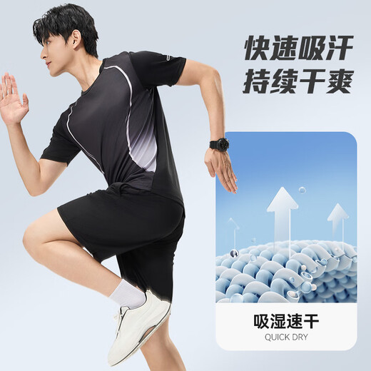 维多利亚旅行者运动套装男跑步速干篮球服健身服夏短袖短裤羽毛球服黑灰3XL