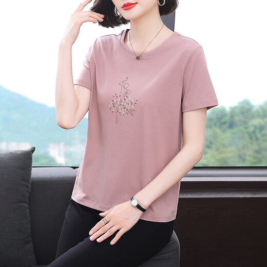梦特娇（MONTAGUT）妈妈短袖t恤女2025夏装新款洋气小衫中老年宽松大码体恤上衣 香芋粉色727款 均码 m建议95-105斤
