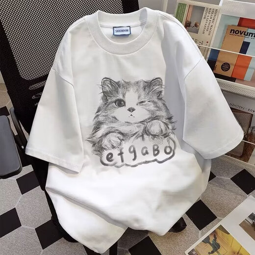 COLORFUL GEMS重磅圆领白色猫咪印花短袖恤男女夏季潮美式情侣宽松五分袖上衣 1416白灰色 2XL