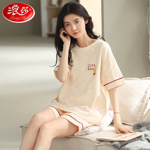 浪莎（LangSha）高档2025夏睡衣女纯棉短袖短裤韩版可爱加大码可外穿棉家居服套装 A9856 M (75-95斤)