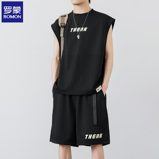 Romon Waffle Casual Anzug Herren Sommer Neue trendige ärmellose Weste Lose T-Shirt Sport Fünf-Punkte-Shorts Black LM5155 S