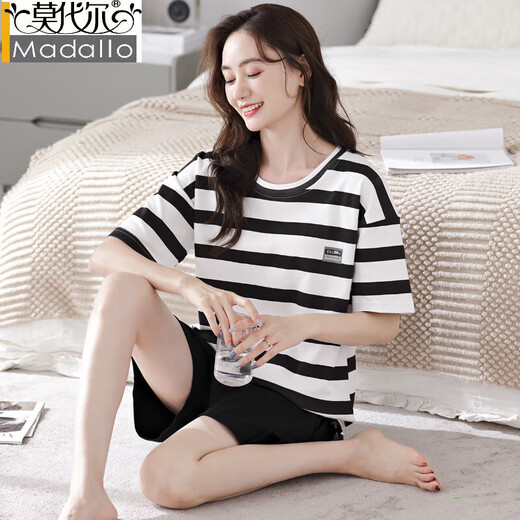 莫代尔纯棉条纹睡衣女夏季新款短袖薄款圆领可外穿青年大码家居服两件套 YZT9853 M 女款 建议80-100斤