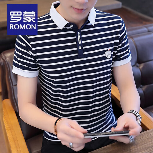 罗蒙（ROMON）纯棉夏季新款男士短袖T恤韩版条纹丅恤POLO衫上衣服潮流半袖体恤 7029短袖白色 M