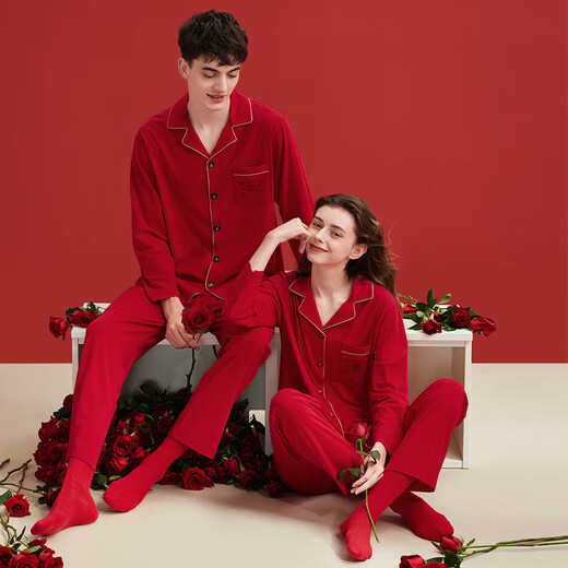 Fenteng Spring and Autumn Couple Red Pajamas Men's Long Sleeve Wedding Zodiac Year Newlywed Suit Big Red Single Men's Style 4XL