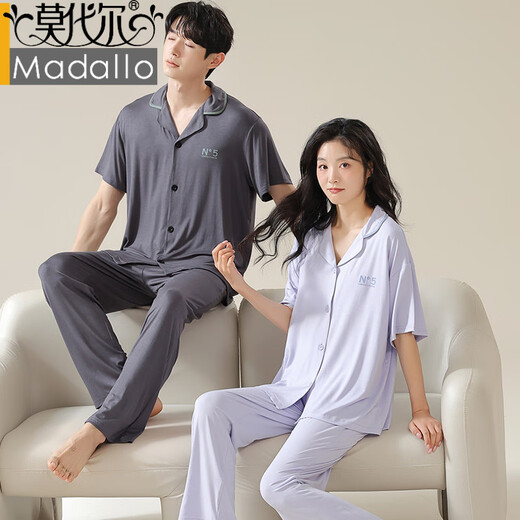 莫代尔情侣睡衣男士短袖长裤女凉感夏季薄款开衫大码套装春秋季款家居服 01N12101女 01N12301男 2XL 男-