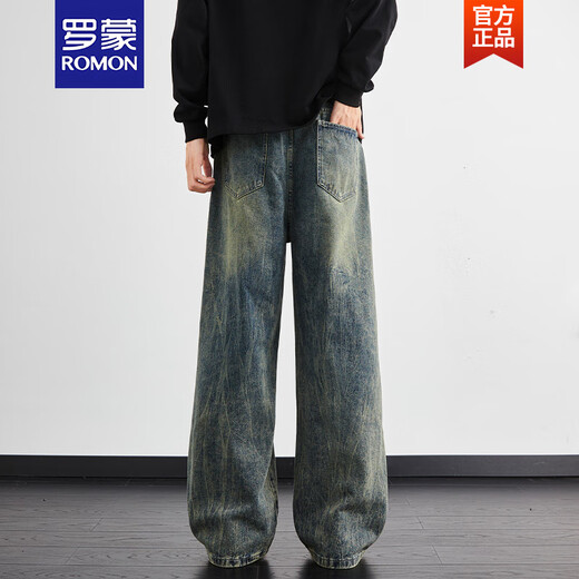 罗蒙（ROMON）闪电纹水洗牛仔裤男夏季新款复古宽松直筒阔腿裤高街美式裤子 1049黑渐变 S