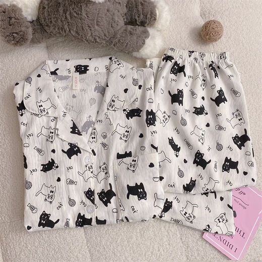 荣西图（RONGXITU）春秋季云朵棉猫咪睡衣女长袖日系可爱家居服套装 826#黑白猫 175 L