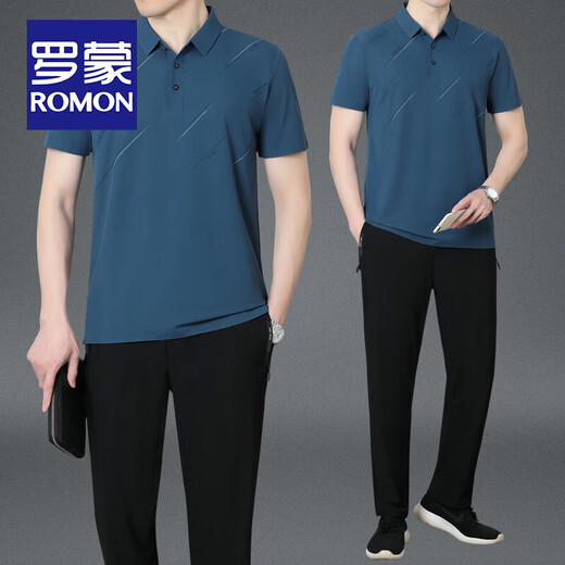 罗蒙（ROMON）爸爸夏装冰丝短袖t恤男士中老年运动套装父亲节夏季弹力速干衣服 【9207款】卡其/短袖+长裤 2XL
