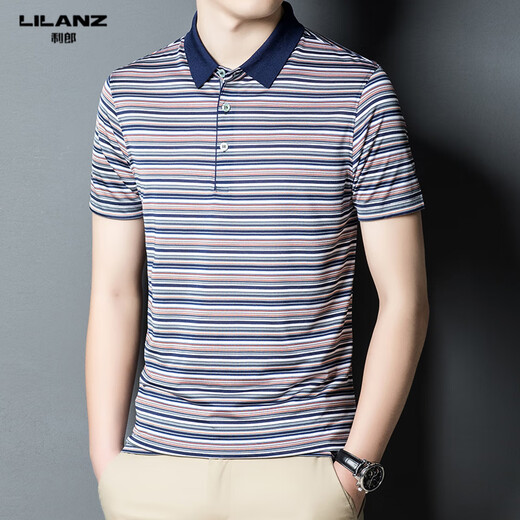 Lilang men's ice silk short-sleeved lapel T-shirt 2025 summer casual loose striped cool thin polo shirt Li N7003 short-sleeved green L 170 [recommended 120-135Jin [Jin equals 0.5 kg]]
