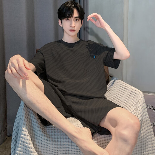 Catman (Miiow) 2025 neuer Herren-Pyjamas Sommermodal Dünne Kurzärmel-Shorts Sommer-Hausbekleidungsanzug 6198 Blauer Modal Set XL 120-140jin [Jin ist 0,5 kg]