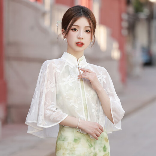 芳嫔旗袍外搭开衫女士外披针织披肩短外套复古文艺百搭搭配穿搭款春夏 16961米白披肩均码