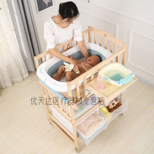 穆涌婴儿床医院同款多功能婴儿尿布台宝宝bb摇床实木新生儿换衣抚触台 可摇全实木尿布台
