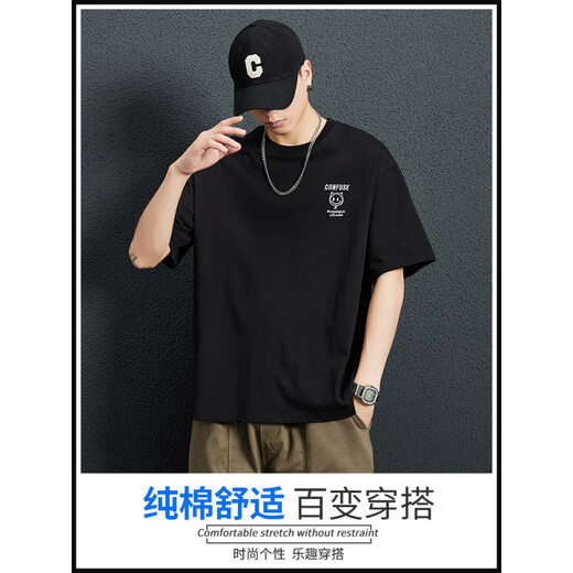 森马全棉短袖T恤男士宽松百搭夏季薄款潮牌纯棉圆领上衣男装半袖体恤 5009黑色 M 【100-120斤】