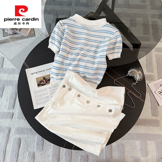 皮尔卡丹（pierre cardin）夏季2025新款韩系条纹短袖上衣显瘦百搭牛仔短裙套装裙两件套夏季 套装 条纹上衣7419A+半身裙7170B S