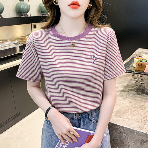 Huanyi señoras de manga corta de alta gama moda femenina Shenzhen Nanyou camiseta de rayas moradas de alta gama para mujer verano versátil púrpura 9928 S recomendado 80-95 Jin Jin equivale a 0,5 kg