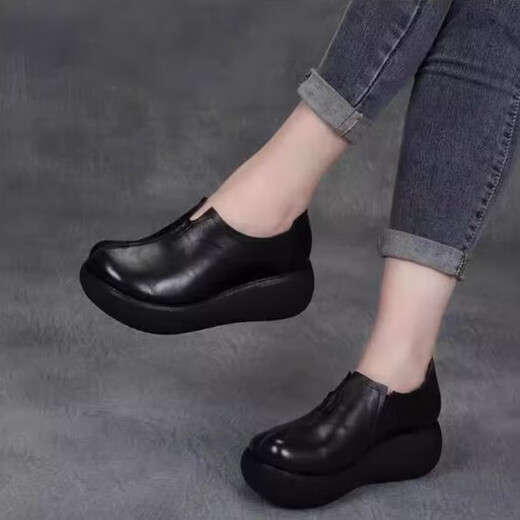 Jin Gong retro ethnic style handmade leather shoes for women round toe deep mouth platform platform wedge single shoes mother leather shoes black 39