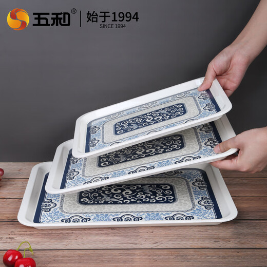 Wuhe (WUHE) household tray rectangular living room water cup tray tea tray Nordic cup tray melamine children's fruit tray blue and white tray (39.5*28.2*2.0 CM)