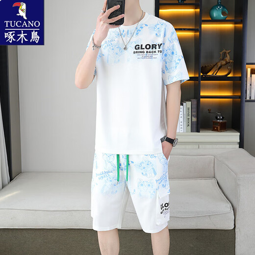 啄木鸟2025夏季新款短袖运动套装男青少年百搭短裤休闲两件套渐变色 6187蓝色 M