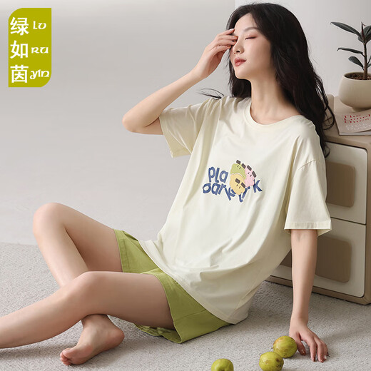 Green Modal summer thin pajamas women's short-sleeved shorts can be worn on the outside for simple two-piece suits for girls' home clothes QQB6630 women M