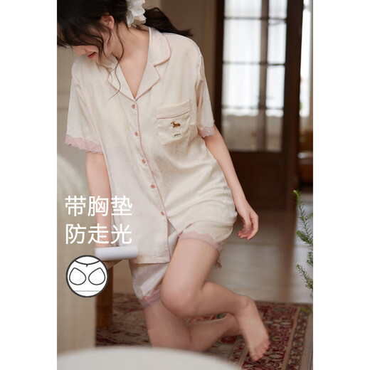 Mme Slee Sleep TIGHT pyjama en soie glacée cool pour femmes short d'été à manches courtes dentelle douce style de luxure pure avec coussinets d'allaitement vêtements d'extérieur d'été vêtements de maison J138 avec coussinets d'allaitement M