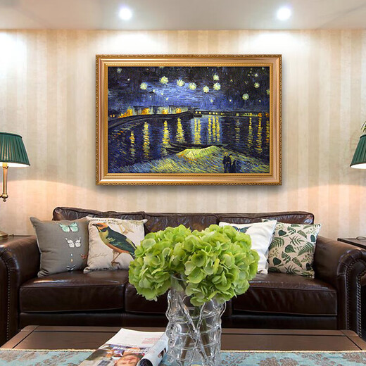 梵高世界名画临摹 罗纳尔河的星夜 凡高手绘印象派抽象画 692金实木框 80X60