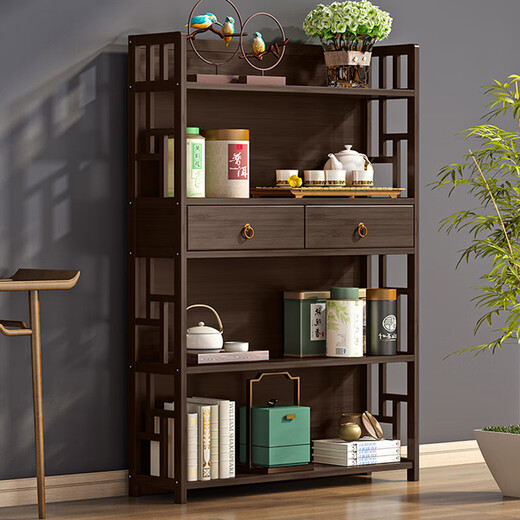 Zhenfu tea rack storage rack multi-layer tea storage cabinet living room small ancient rack tea room tea set rack tea display cabinet brown second floor with drawer 70 long side cabinet no Specifications
