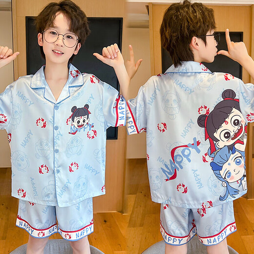 儿童睡衣男孩夏季冰丝薄款中大童青少年初中生蜡笔小新家居服套装 Q短丝-6629碧琪 女童 165 大童22码建议身高160-165CM