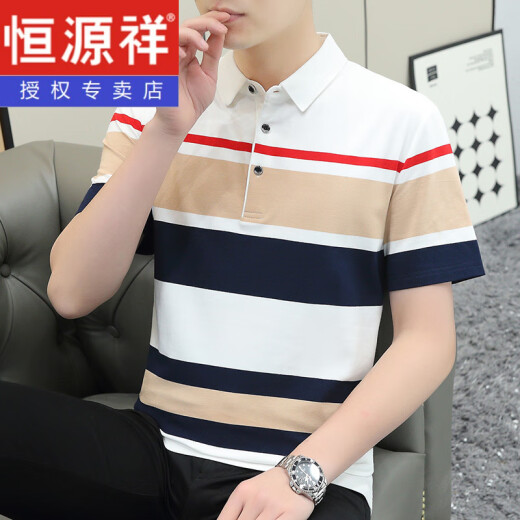 恒源祥夏季2025新款爸爸POLO衫潮流青年上衣服男士翻领条纹短袖T恤 NH-PL829黑色 M