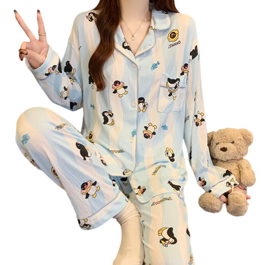S.Sofea Little Penguin Wavy Stripe Langarm Pyjamas Frauen können Hauskleidung für Hauskleidung für den Frühlingsstil im Freien tragen.