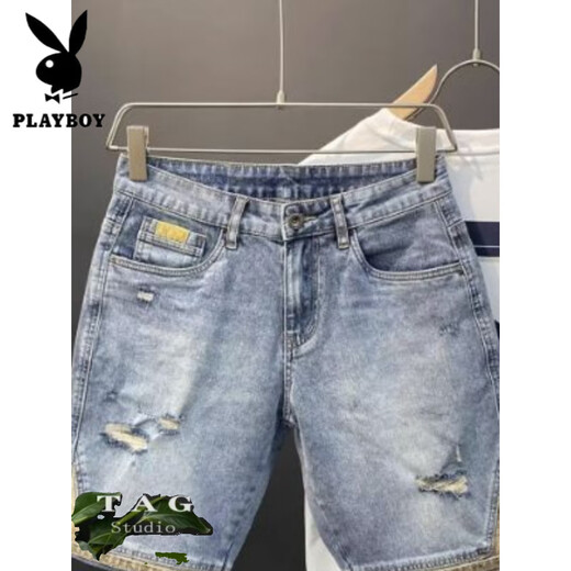 Playboy (Playboy) Sommer Dünne Herren-Denim-Shorts Trendy Marke Ripped 5-Punkte-koreanische Version von Trendy Slim Feet Five-Punkte-Mid-Hose 9712 30